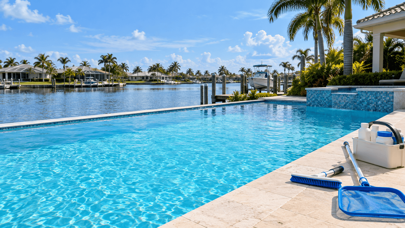 Clean waterfront pool in Cape Coral with pool care tools ready on the deck